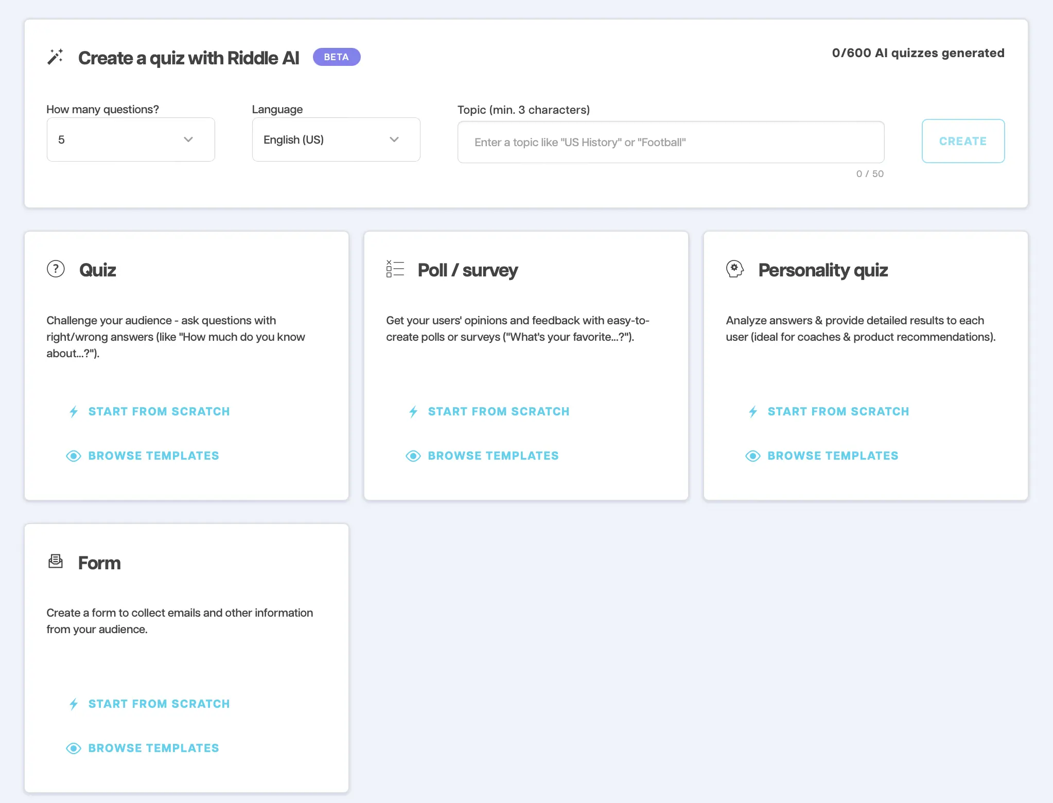 Create unlimited Quizzes, Polls, Surveys, Personality quizzes, and other interactive content with Riddle Quiz Maker